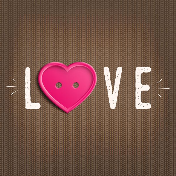 کلمه عشق با قلب ساخته شده از دکمه روی پس زمینه بافتنی بنر برای روز 14 فوریه وکتور