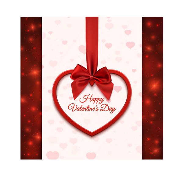 الگوی کارت تبریک روز مبارک قلب قرمز با روبان قرمز و کمان در پس زمینه انتزاعی با قلب و ذرات وکتور