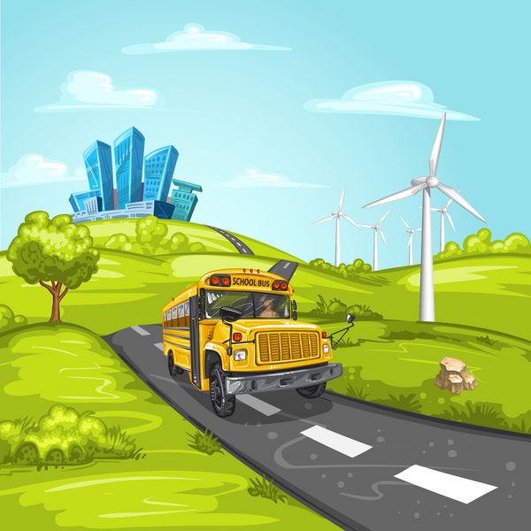 تصویر با اتوبوس مدرسه در جاده آسفالته و شهر مدرن