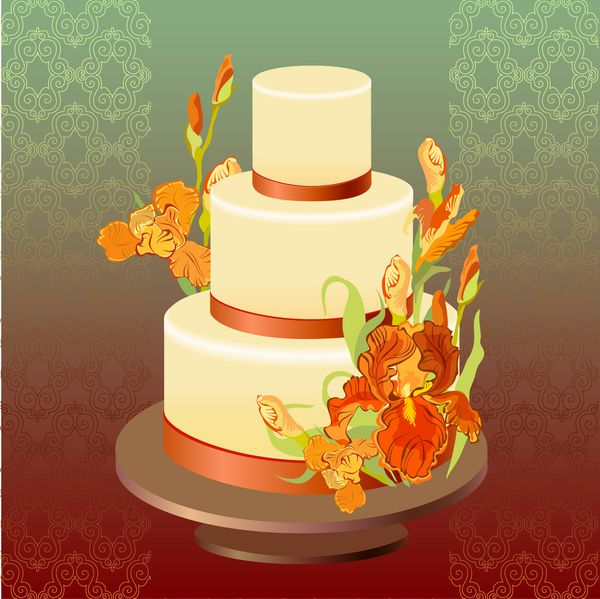 کیک عروسی با گل های قرمز نارنجی زرد زنبق دسر عروسی زیبا عروسی دسته گل زنبق قرمز دست کشیده وکتور پس زمینه گلابی سبز قرمز وکتور عروسی
