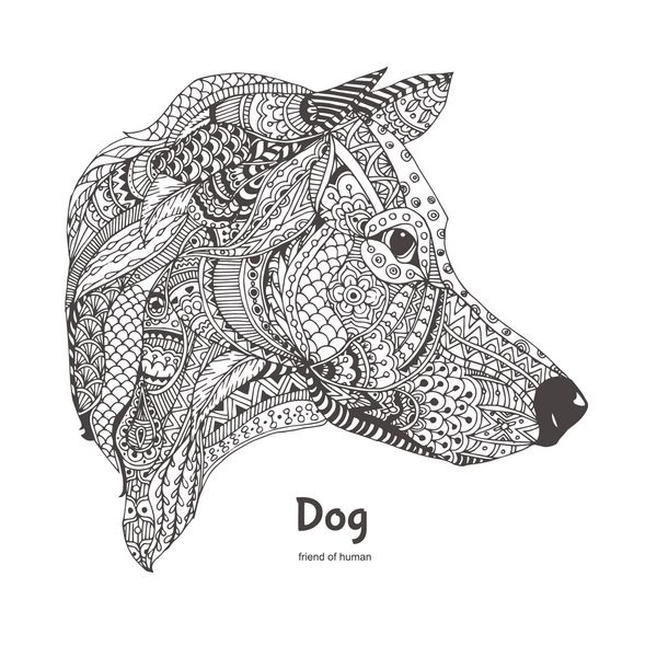 نمای کناری سگ با دست طراحی شده با الگوی ابله گلی قومی صفحه رنگ آمیزی - زندالا طراحی برای آرامش و مدیتیشن برای بزرگسالان تصاویر وکتور جدا شده در پس زمینه سفید