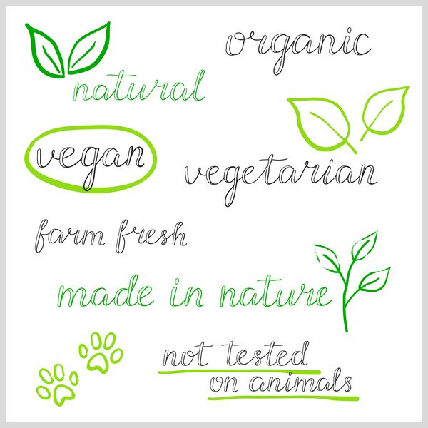 کلمات دست نوشته طبیعی ارگانیک وگان گیاهخواری مزرعه تازه ساخته شده در طبیعت روی حیوانات آزمایش نشده است