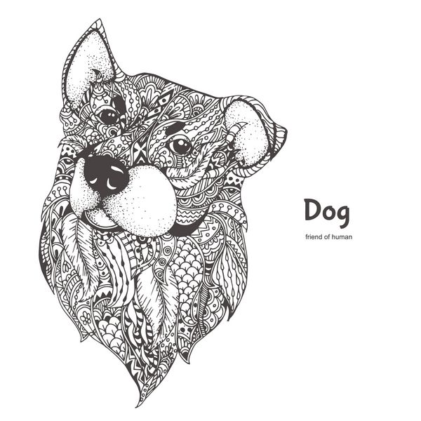 نمای کناری سگ با دست طراحی شده با الگوی ابله گلی قومی صفحه رنگ آمیزی - زندالا طراحی برای آرامش و مدیتیشن برای بزرگسالان تصاویر وکتور جدا شده در پس زمینه سفید