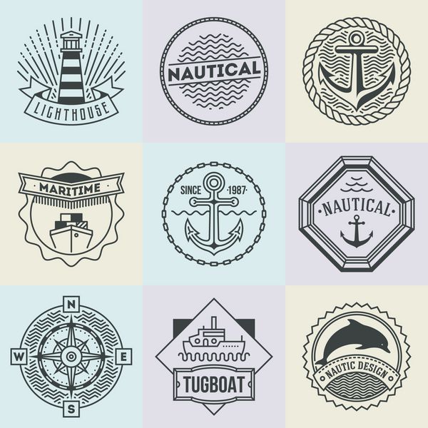 مجموعه لوگوتایپ های دریایی عناصر سبک وینتیج وکتور هنر خط نازک طراحی هندسی ظریف