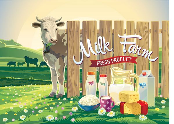 مجموعه ای از محصولات شیر از مزرعه با تصاویر یک گاو و چشم انداز روستایی