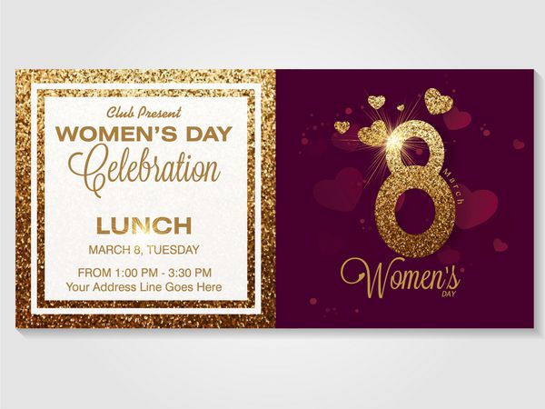 طرح زیبای کارت دعوت با متن طلایی خلاقانه 8 مارس برای جشن روز زن