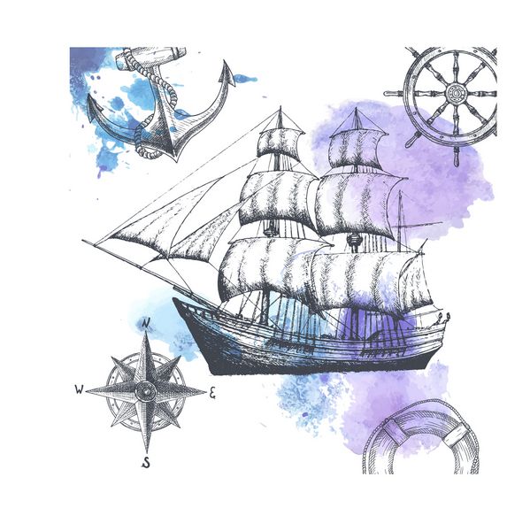 کشتی قدیمی اقلام با موضوع دریایی عناصر طراحی شده با دست