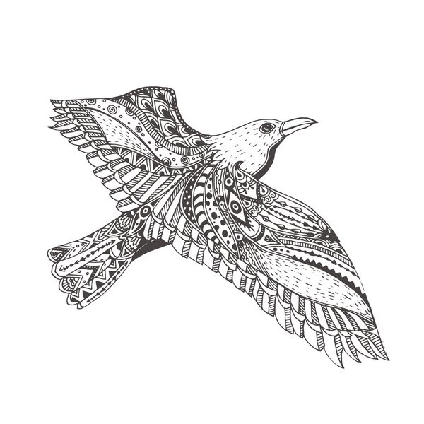 پرنده ای با دست طراحی شده با الگوی ابله قومی صفحه رنگ آمیزی - زندالا برای آرامش و مراقبه برای بزرگسالان تصاویر وکتور جدا شده در پس زمینه سفید zendoodle