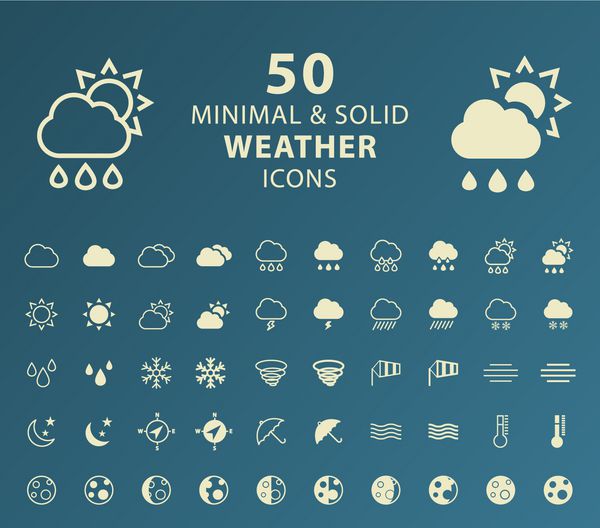 مجموعه ای از 50 نماد آب و هوای مینیمال و جامد عناصر جدا شده بردار