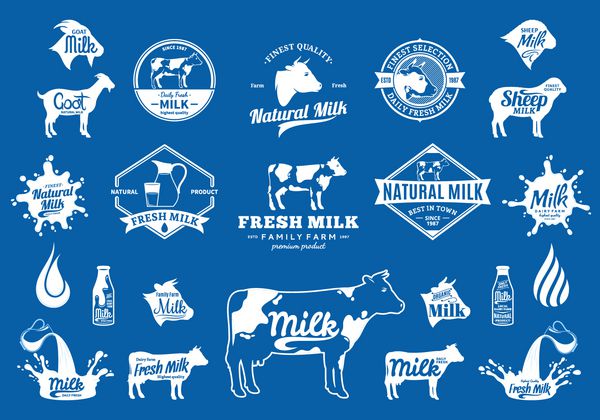 وکتور آرم شیر پاشیدن و عناصر طراحی نمادهای حیوانات مزرعه برای مواد غذایی فروشگاه های کشاورزی بسته بندی و تبلیغات