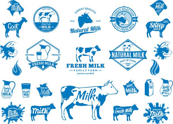 وکتور آرم شیر پاشش عناصر طراحی و نمادهای حیوانات مزرعه برای مواد غذایی فروشگاه های کشاورزی بسته بندی و تبلیغات
