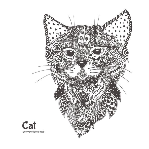گربه گربه آفتابی طراحی شده با دست با الگوی ابله گل های قومی صفحه رنگ آمیزی - زندالا طراحی برای آرامش روح برای بزرگسالان تصاویر وکتور جدا شده در پس زمینه سفید ابله های ذن