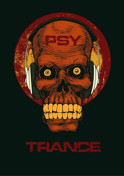 طراحی برای چاپ تی شرت با جمجمه dj با هدفون و کلمات psy trance وکتور