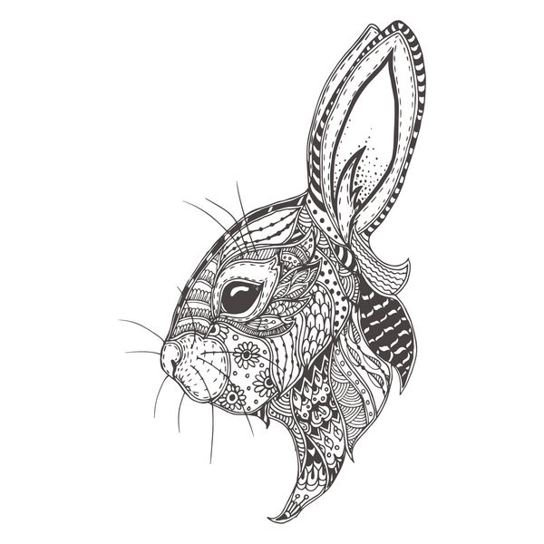 خرگوش با الگوی ابله گل های قومی صفحه رنگ آمیزی - زندالا طراحی برای آرامش روح برای بزرگسالان تصاویر وکتور جدا شده در پس زمینه سفید ابله های ذن