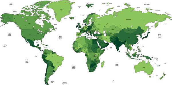 نقشه جهانی وکتور دقیق از رنگ های سبز نام ها علائم شهرها و مرزهای ملی در لایه های جداگانه قرار دارند