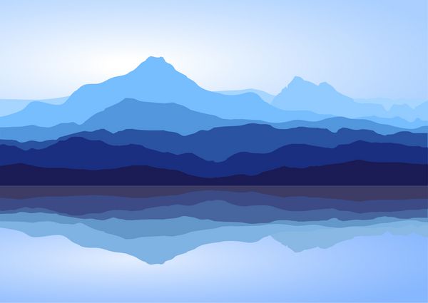 نمای کوه های آبی با انعکاس در دریاچه وکتور