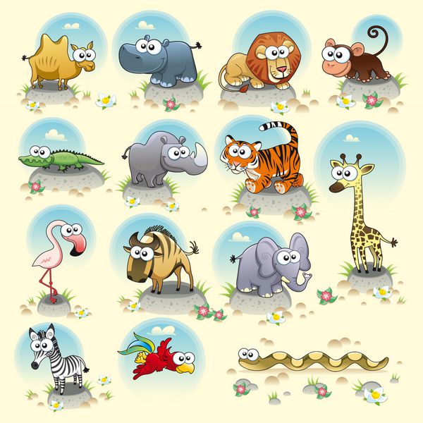 حیوانات ساوانا شخصیت های کارتونی و وکتور خنده دار اشیاء جدا شده