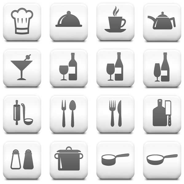 نماد رستوران روی مجموعه دکمه سیاه و سفید مربع تصویر اصلی