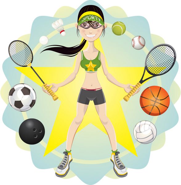 دختر ورزشکار ورزشی که راکت نماد ورزشی مانند بسکتبال را در دست دارد والیبال تنیس بدمینتون بولینگ سافت بال