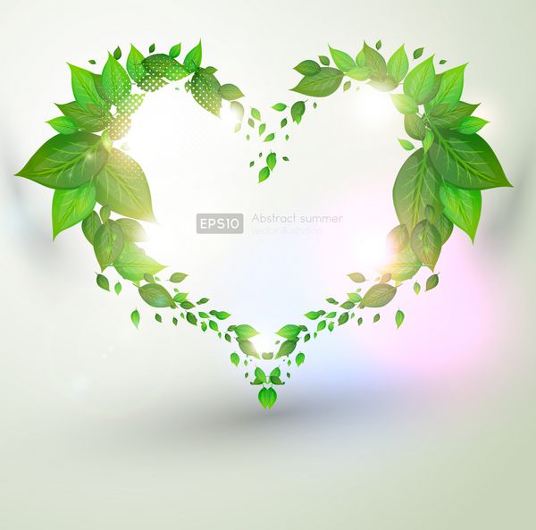 قلب برگهای سبز تازه و نور خورشید برای طراحی تابستانی یا اکو