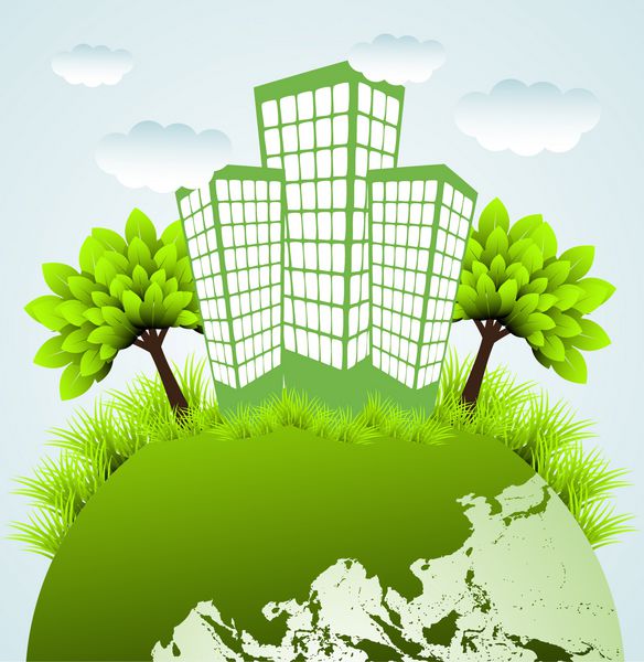 کره زمین با درختان و ساختمان های سازگار با محیط زیست