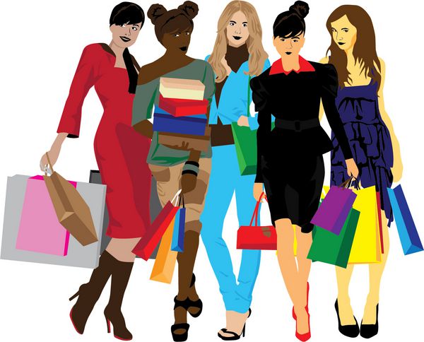 پنج زن مختلف با خرید در پس زمینه سفید