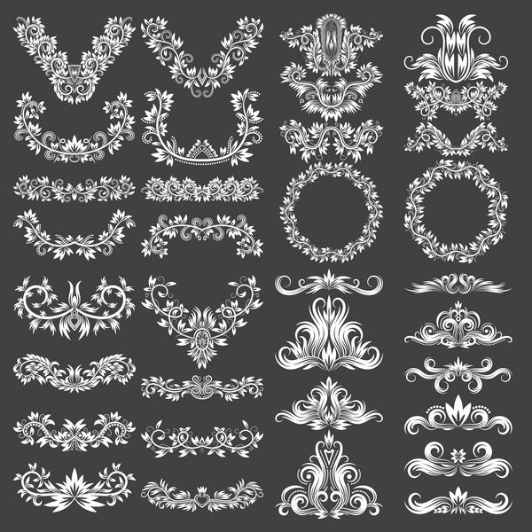 مجموعه بزرگی از عناصر زینتی برای طراحی تزئینات گل سفید روی مشکی الگوهای جدا شده در سبک قدیمی
