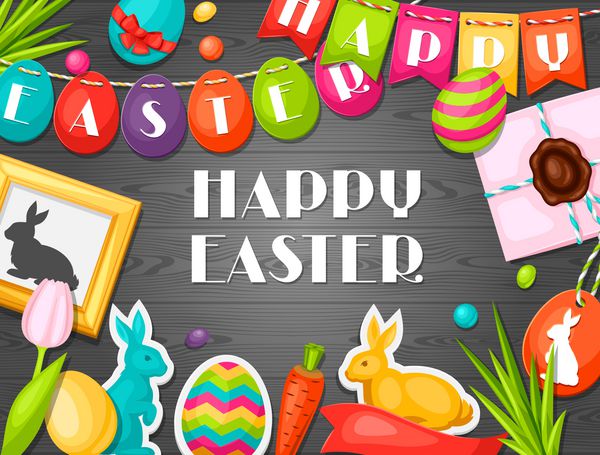 کارت تبریک عید پاک با اشیاء تزئینی تخم مرغ برچسب خرگوش مفهوم را می توان برای دعوت نامه ها و پوسترهای تعطیلات استفاده کرد