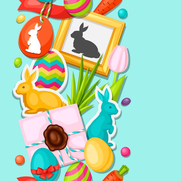 الگوی بدون درز عید پاک با اشیاء تزئینی تخم مرغ برچسب خرگوش پس زمینه را می توان برای چاپ های تعطیلات منسوجات و کارت های تبریک استفاده کرد