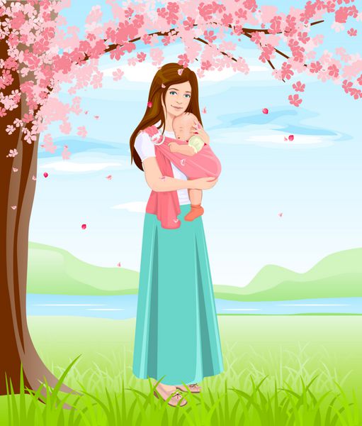 مادری که بچه را در بند نگه می دارد مادر جوان زیر درخت شکوفه