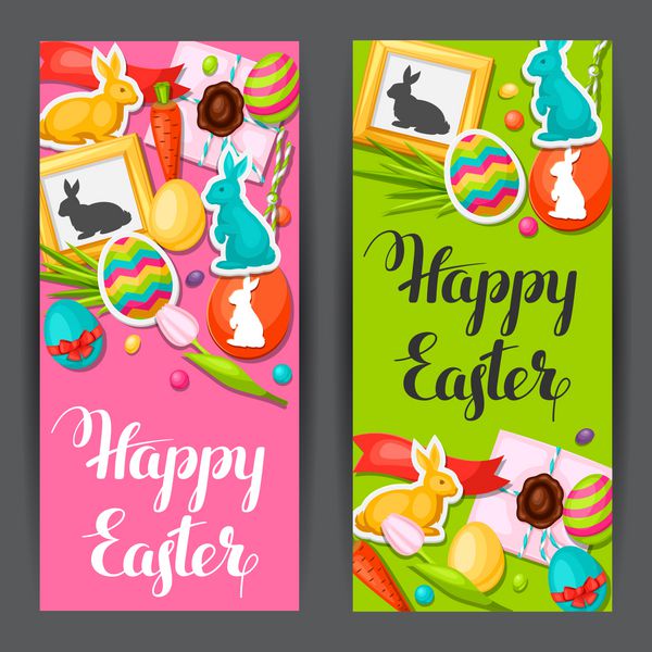 بنرهای عید پاک با اشیاء تزئینی تخم مرغ برچسب خرگوش مفهوم را می توان برای دعوت نامه ها و پوسترهای تعطیلات استفاده کرد