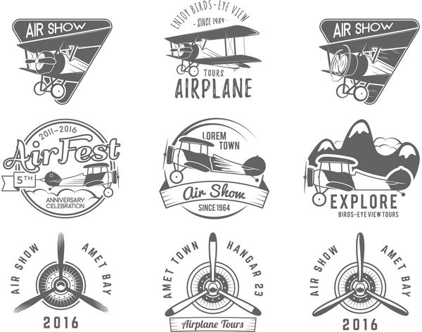 نشان های هواپیمای قدیمی برچسب های دوباله نشان هواپیما رترو عناصر طراحی مجموعه تمبرهای هوانوردی لوگو و لوگوی نمایش هوایی پروانه پرواز نماد قدیمی جدا شده در پس زمینه سفید بردار