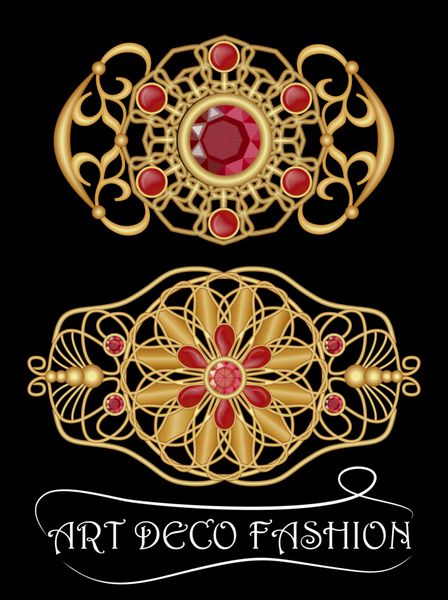سنجاق آرت دکو با نگین های قرمز یاقوت یا گارنت نگین طلایی عتیقه فیلیگر زرگری زرق و برق دار جواهرات ساخته شده از برنج