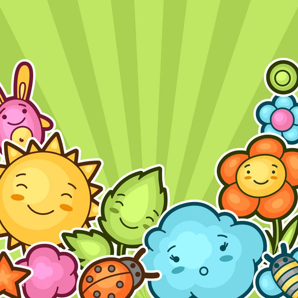 پس زمینه کودک زیبا با ابله های کاوایی مجموعه بهاری از شخصیت های کارتونی شاد خورشید ابر گل برگ سوسک و اشیاء تزئینی
