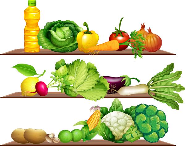 سبزیجات تازه و روغن در قفسه