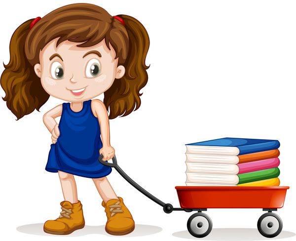 دختر بچه در حال کشیدن گاری پر از کتاب