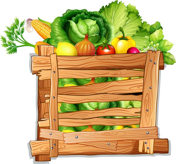 بسیاری از سبزیجات در جعبه چوبی