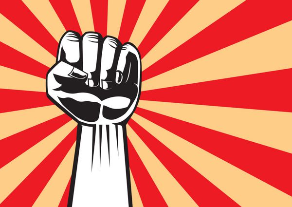 مشت انقلاب در پس زمینه قرمز دست بالا برای نشان دادن قدرت خودمان