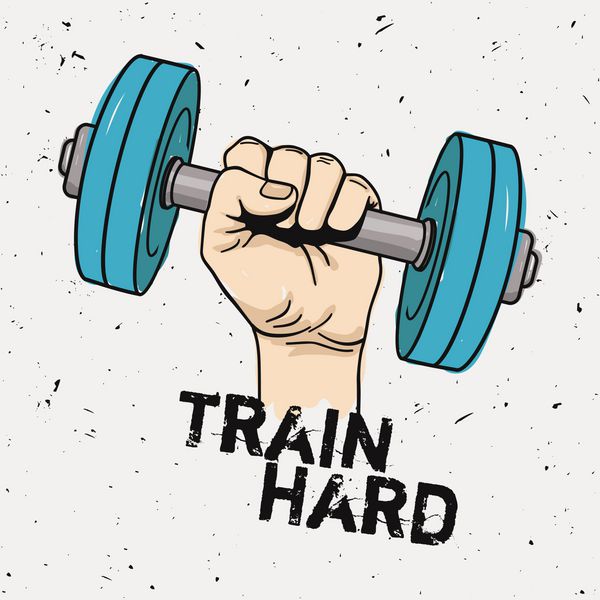 وکتور تصویر گرانج دست با دمبل و عبارت انگیزشی train hard پس زمینه تناسب اندام