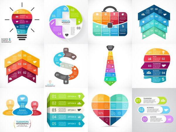 مجموعه اینفوگرافیک فلش های خلاقانه نمودارها نمودارها نمودارها گزینه های چرخه 3 4 5 6 7 8 قطعات مراحل سر انسان لامپ ایده علامت بعلاوه کیف تاجر کراوات قلب
