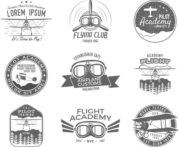 نشان های هواپیمای قدیمی برچسب های دوباله نشان هواپیما رترو عناصر طراحی مجموعه تمبرهای هوانوردی لوگو و لوگوی نمایش هوایی پروانه پرواز عینک نماد قدیمی تکه های جدا شده بردار