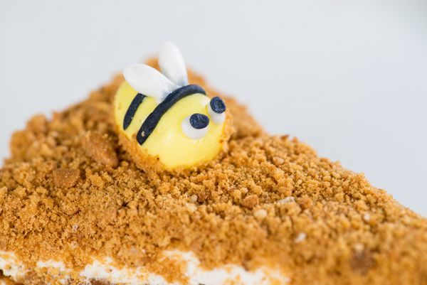 نمای نزدیک از زنبورهای تزئینی روی کیک عسلی دف کم عمق
