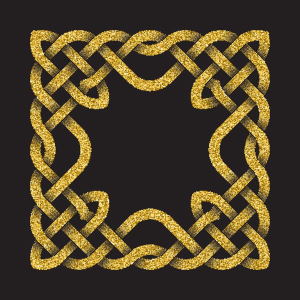 قاب مربع پر زرق و برق طلایی به سبک گره سلتیک در زمینه مشکی