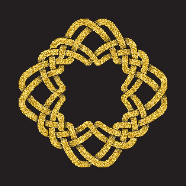 الگوی لوگوی پر زرق و برق طلایی به سبک گره های سلتیک در پس زمینه مشکی علامت طلای قبیله ای به شکل ماندالا