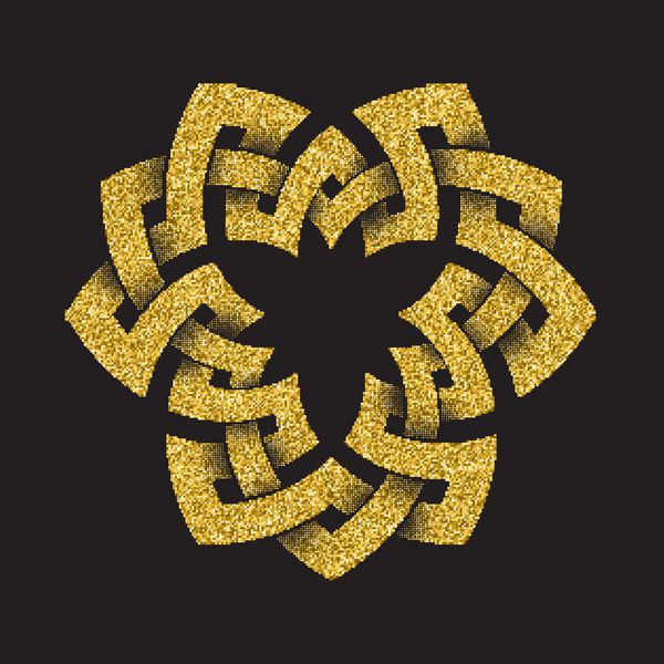 الگوی لوگوی پر زرق و برق طلایی به سبک گره های سلتیک در پس زمینه مشکی نماد مثلثی زیور آلات طلا برای طراحی جواهرات