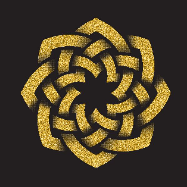 الگوی لوگوی پر زرق و برق طلایی به سبک گره های سلتیک در پس زمینه مشکی نماد هشت ضلعی زیور آلات طلا برای طراحی جواهرات