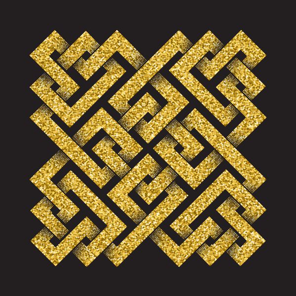 الگوی لوگوی پر زرق و برق طلایی به سبک گره های سلتیک در پس زمینه مشکی نماد به شکل ماز مربعی زیور آلات طلا برای طراحی جواهرات