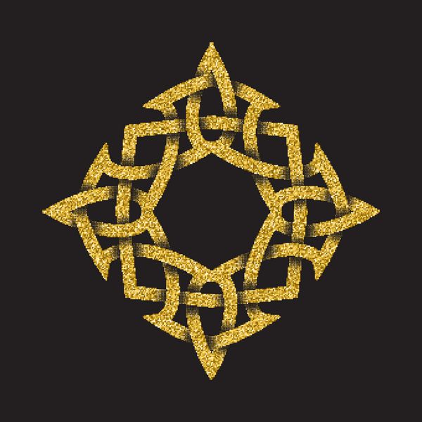الگوی لوگوی پر زرق و برق طلایی به سبک گره های سلتیک در پس زمینه مشکی نماد به شکل ماز لوزی زیور آلات طلا برای طراحی جواهرات
