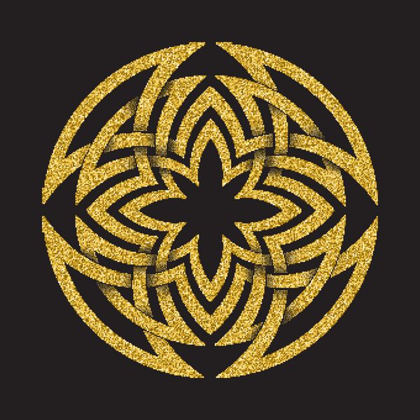الگوی لوگوی پر زرق و برق طلایی به سبک گره های سلتیک در پس زمینه مشکی نماد به شکل پیچ و خم گرد زیور آلات طلا برای طراحی جواهرات