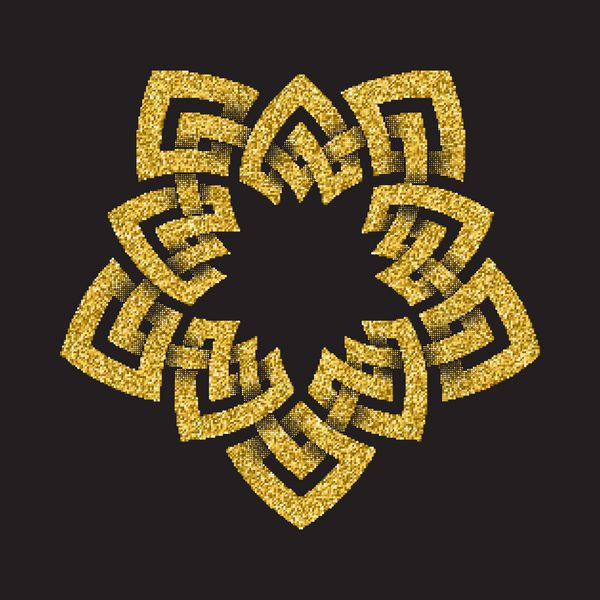 الگوی لوگوی پر زرق و برق طلایی به سبک گره های سلتیک در پس زمینه مشکی نماد به شکل پیچ و خم پنج ضلعی زیور آلات طلا برای طراحی جواهرات